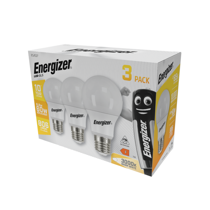 Комплект от 3 LED крушки, 8.8W, E27, 806 лумена, 4000K, Energizer