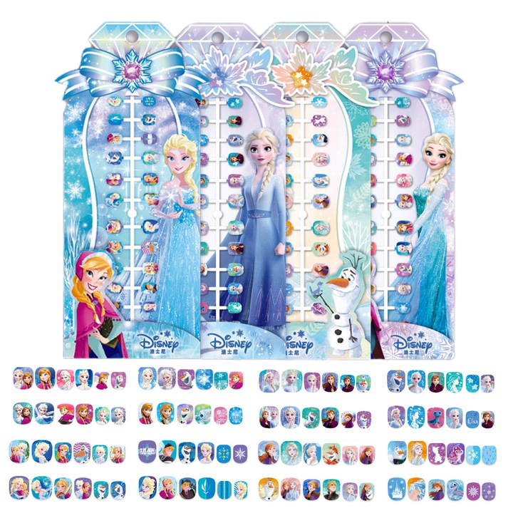 Set 96 unghii false copii, Fantasy, Tema Elsa din Regatul de Gheata, 4 stiluri diferite, 12 marimi, acril transparent, printese, pentru fetite, ABS, stiluri dragut, Ingrijirea unghiilor, Nu se rup usor, Multicolor