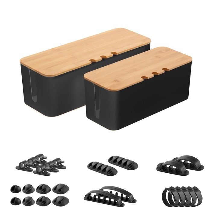 Комплект от 2 органайзера за кабели, 20 щипки, 5 връзки за многократна употреба, кабели за телевизор, компютър, рутер и под бюрото, бамбукова кутия, WALALLA, матово черно
