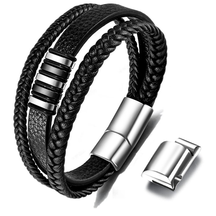 Bratara barbati din piele veritabila, magnetica, negru, 21-22.5cm