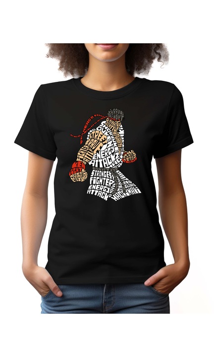 Bestcase Női mintás póló, Hadouken, pamut, Kerek nyakú, NF602, Fekete