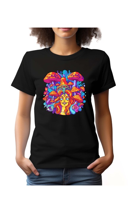 Bestcase Női mintás póló, Psychedelic Magic Mushroom, pamut, Kerek nyakú, NF583, Fekete