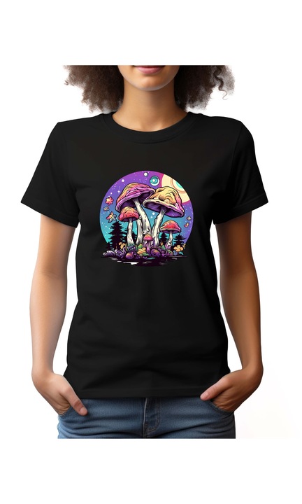 Bestcase Női mintás póló, Psychedelic Magic Mushroom, pamut, Kerek nyakú, NF585, Fekete