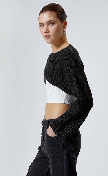 KOTON, Pulover crop cu decolteu barcuta, Gri antracit, L