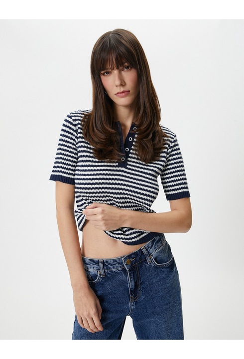 KOTON, Pulover polo tricotat fin cu maneci scurte, Alb murdar, M