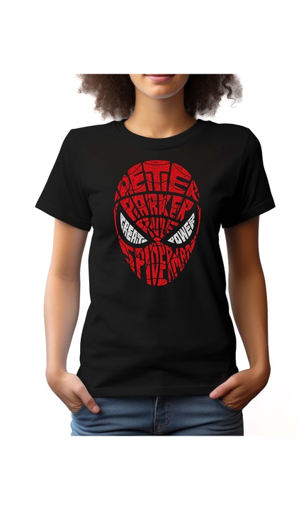 Bestcase Női mintás póló, Spiderman, pamut, Kerek nyakú, NF620, Fekete