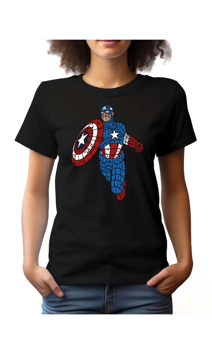 Bestcase Női mintás póló, Star and Stripes Hero, pamut, Kerek nyakú, NF621, Fekete