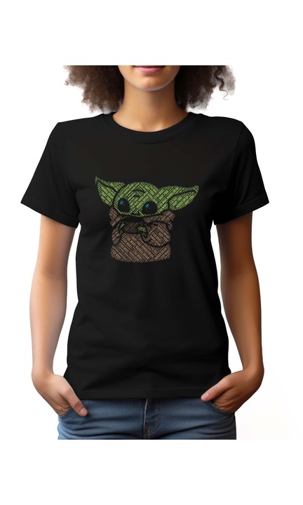 Bestcase Női mintás póló, baby yoda, pamut, Kerek nyakú, NF630, Fekete