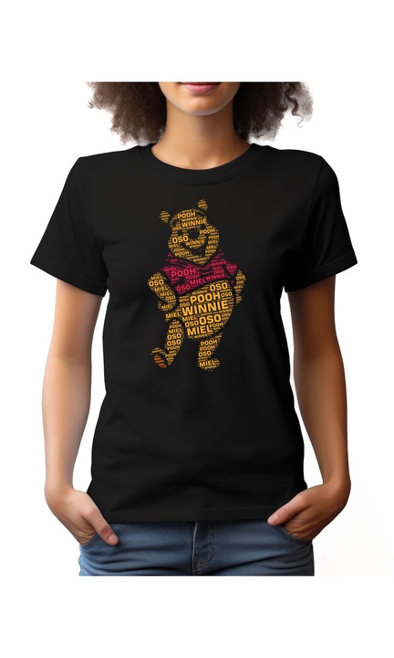 Bestcase Női mintás póló, pooh, pamut, Kerek nyakú, NF648, Fekete