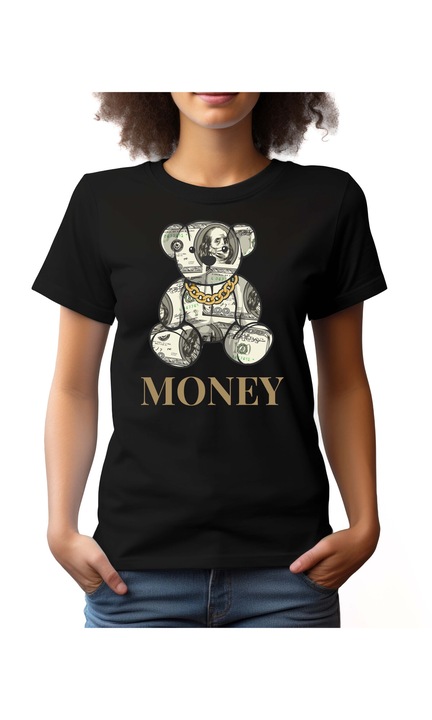 Bestcase Női mintás póló, Bear - Money, pamut, Kerek nyakú, NF659, Fekete