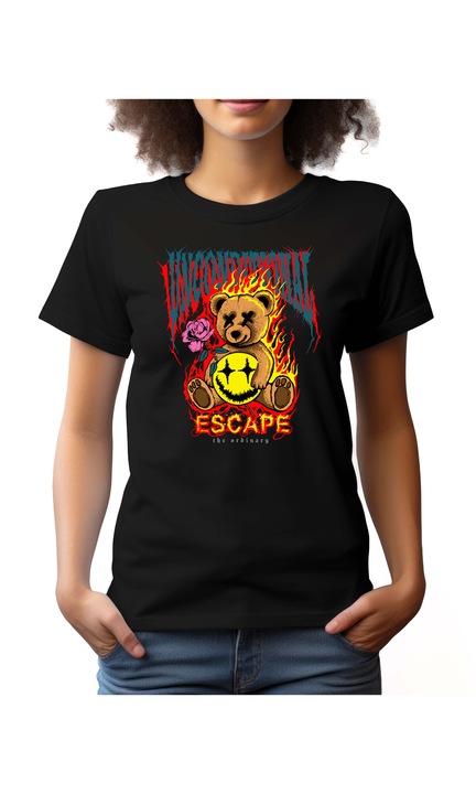 Bestcase Női mintás póló, Bear - Escape, pamut, Kerek nyakú, NF679, Fekete