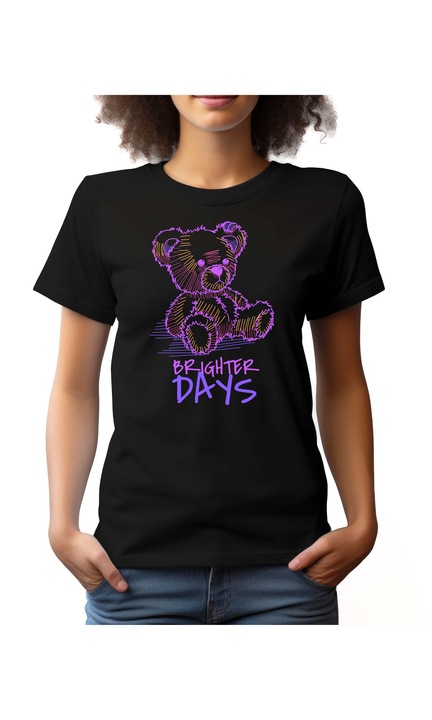 Bestcase Női mintás póló, Bear - Brighter days, pamut, Kerek nyakú, NF684, Fekete