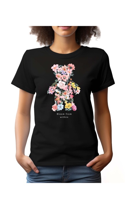 Bestcase Női mintás póló, Teddy Bear Flower Pattern, pamut, Kerek nyakú, NF689, Fekete