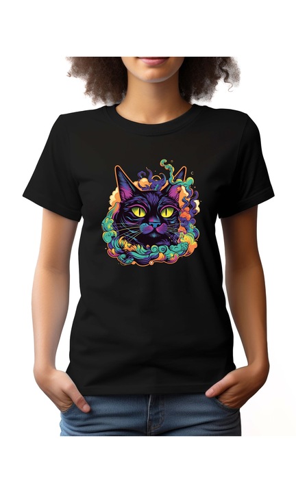 Bestcase Női mintás póló, Black Cat, pamut, Kerek nyakú, NF693, Fekete