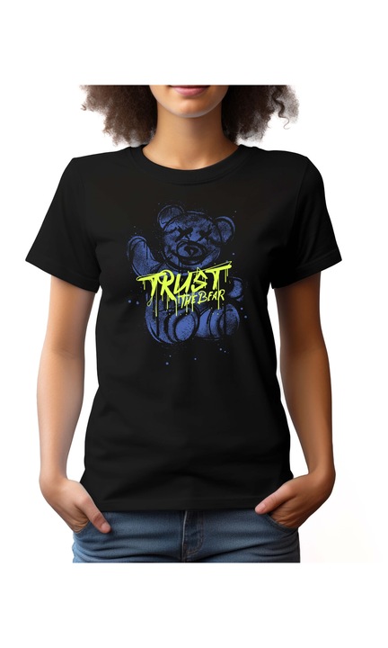 Bestcase Női mintás póló, Trust in the bear, pamut, Kerek nyakú, NF692, Fekete