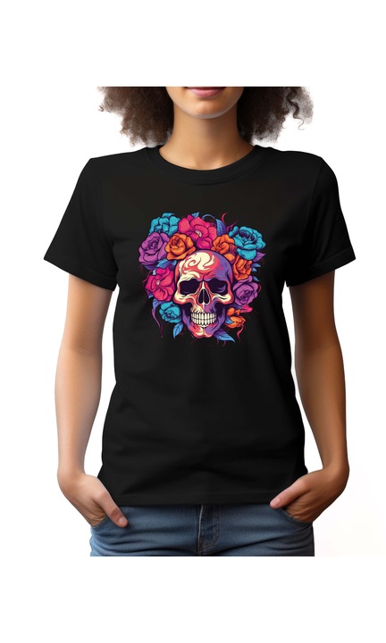 Bestcase Női mintás póló, Skull - Roses, pamut, Kerek nyakú, NF700, Fekete