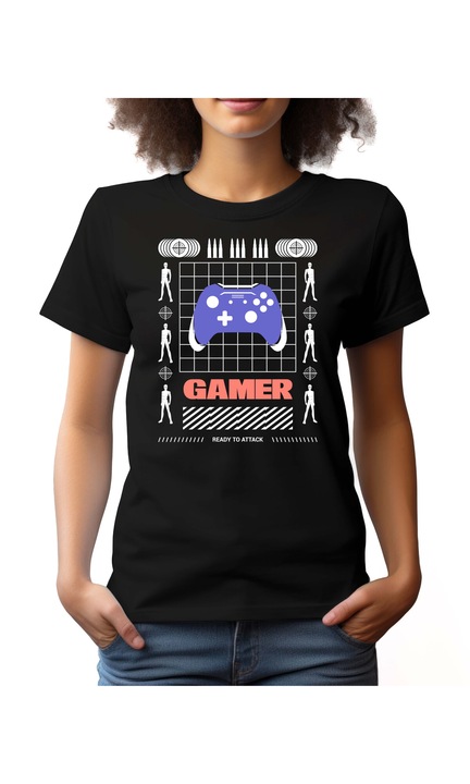 Bestcase Női mintás póló, Gamer, pamut, Kerek nyakú, NF715, Fekete