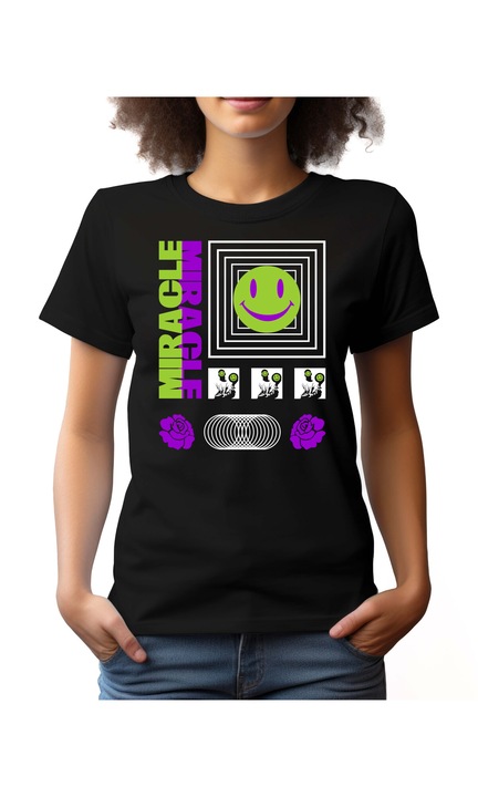 Bestcase Női mintás póló, Miracle, pamut, Kerek nyakú, NF724, Fekete