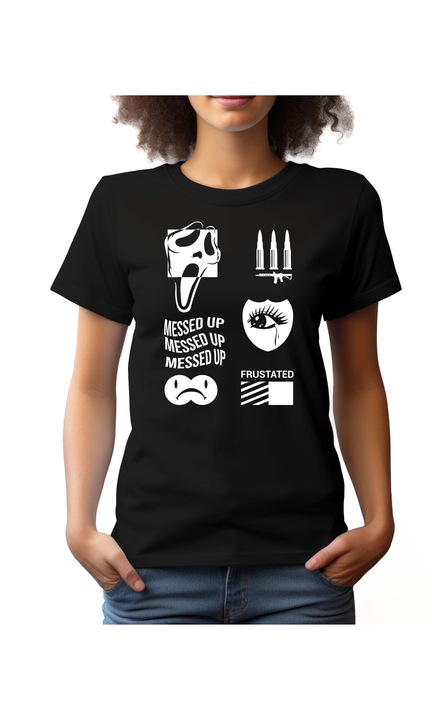 Bestcase Női mintás póló, Messed Up, pamut, Kerek nyakú, NF723, Fekete