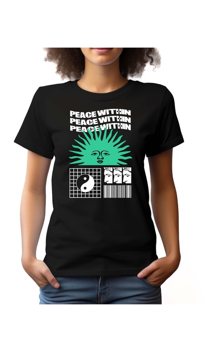 Bestcase Női mintás póló, Peace, pamut, Kerek nyakú, NF729, Fekete