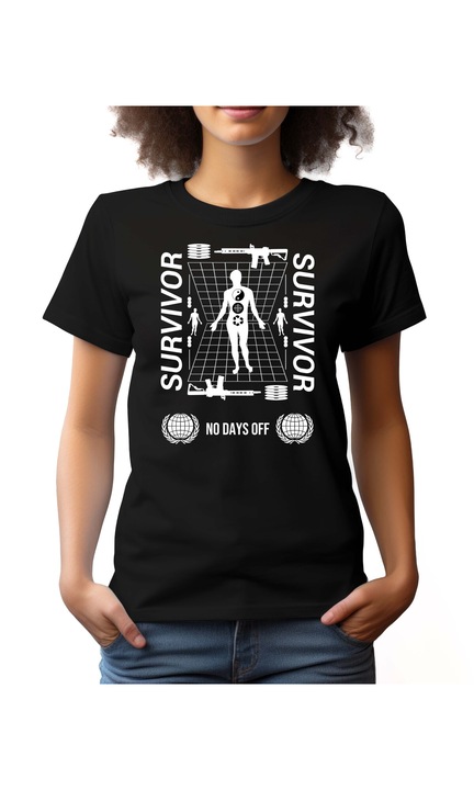 Bestcase Női mintás póló, Survivor, pamut, Kerek nyakú, NF738, Fekete