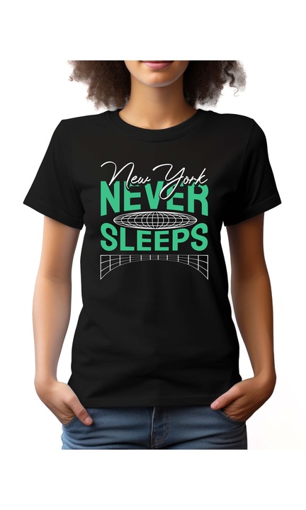 Bestcase Női mintás póló, New York Never Sleep, pamut, Kerek nyakú, NF766, Fekete