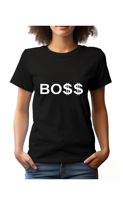 Bestcase Női mintás póló, Dollar Boss, pamut, Kerek nyakú, NF778, Fekete