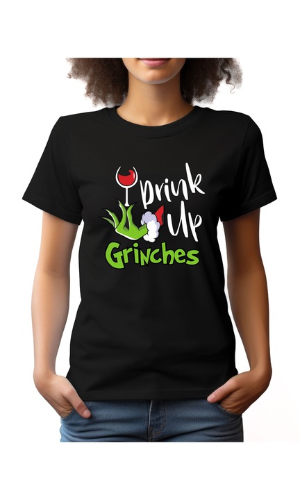 Bestcase Női mintás póló, Drink Me - Grinches, pamut, Kerek nyakú, NF788, Fekete