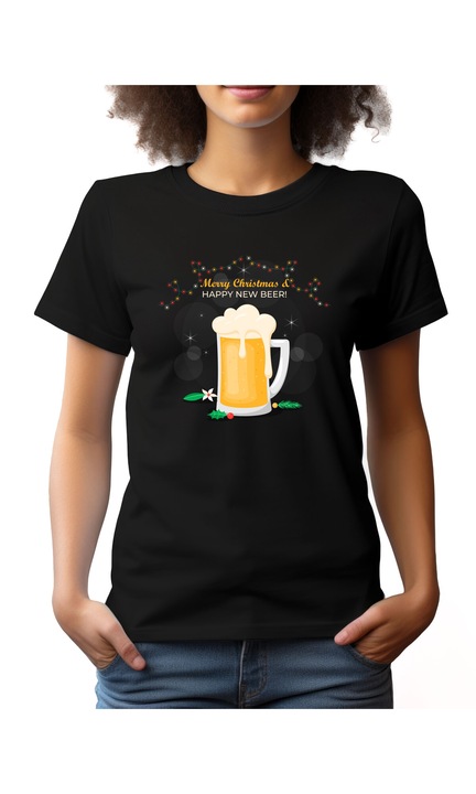 Bestcase Női mintás póló, Happy New Beer, pamut, Kerek nyakú, NF794, Fekete