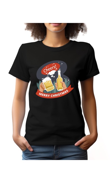 Bestcase Női mintás póló, Happy New Beer, pamut, Kerek nyakú, NF796, Fekete