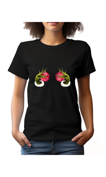 Bestcase Női mintás póló, Grinch, pamut, Kerek nyakú, NF802, Fekete