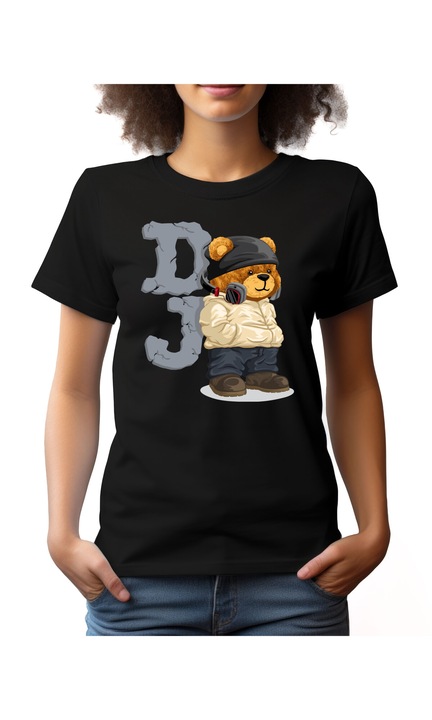 Bestcase Női mintás póló, DJ Bear, pamut, Kerek nyakú, NF804, Fekete