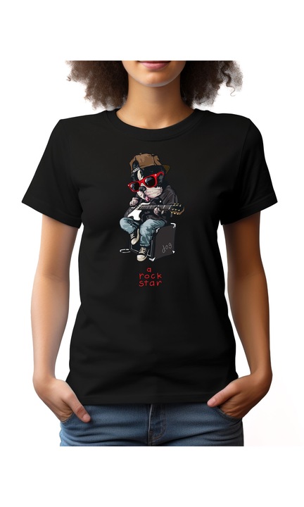 Bestcase Női mintás póló, Rock Star Dog, pamut, Kerek nyakú, NF809, Fekete