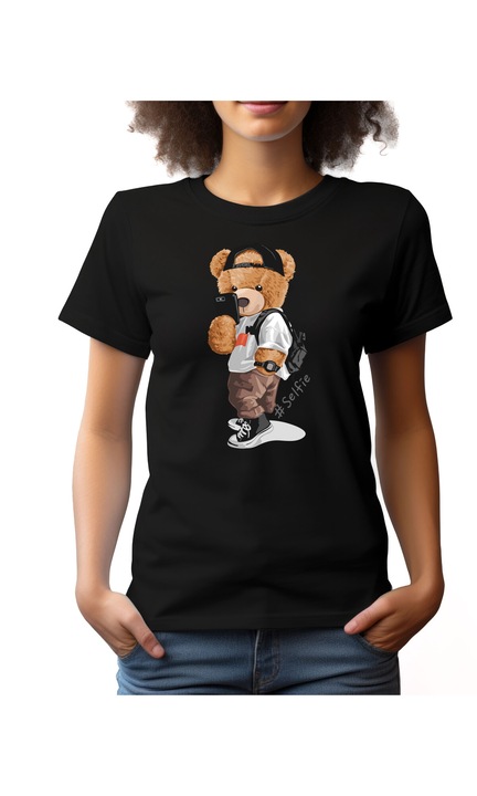 Bestcase Női mintás póló, Selfie Bear, pamut, Kerek nyakú, NF813, Fekete