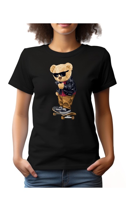 Bestcase Női mintás póló, Skater Bear, pamut, Kerek nyakú, NF810, Fekete