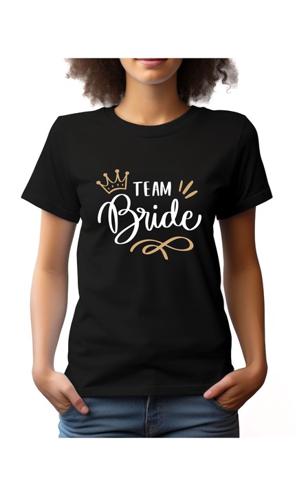 Bestcase Női mintás póló, Team Bride, pamut, Kerek nyakú, NF824, Fekete