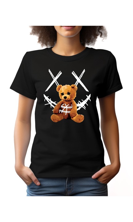 Bestcase Női mintás póló, Teddy Bear Smile, pamut, Kerek nyakú, NF817, Fekete