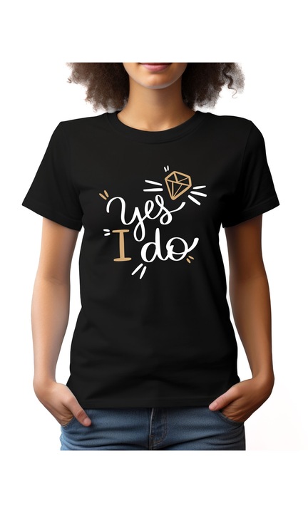 Bestcase Női mintás póló, Bride - Yes I Do, pamut, Kerek nyakú, NF822, Fekete