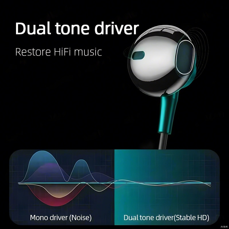 Casti cu fir, izolare zgomot, microfon, HIFI, verde, 1.2m