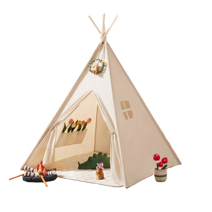 Cort pentru copii LYCENXI, Poliester/Bumbac, 120x120x140cm, material lavabil, portabil, bej