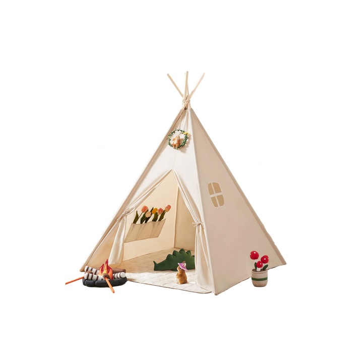 Детска палатка LYCENXI, полиестер/памук, 120x120x140 см, переща се материя, преносима, бежова