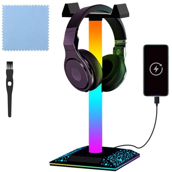 Suport casti gaming, Micoon, lumina ambientala, RGB, schimbarea nuantelor prin senzor tactil, negru, Laveta Microbifra si Perie Curatare incluse