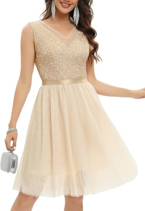 Rochie cu paiete Gardenwed, cu decolteu in V, bej, marimea XXL