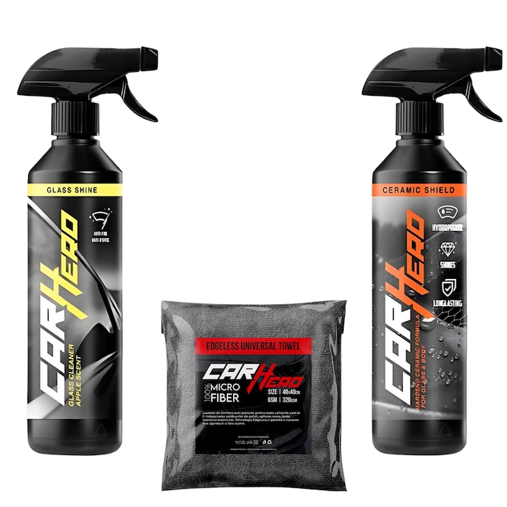Pachet Shine, Car Hero, Glass Shine + Ceramic Shield V2 + 1 Laveta Microfibra, Solutii profesionale Detailing Auto, 500ml fiecare