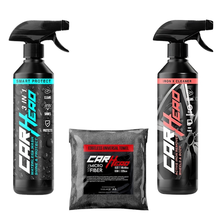 Pachet Clean, Car Hero, Smart Protect V2.0 + Iron X Cleaner + 1 Laveta Microfibra, Solutii profesionale Detailing Auto, 500ml fiecare