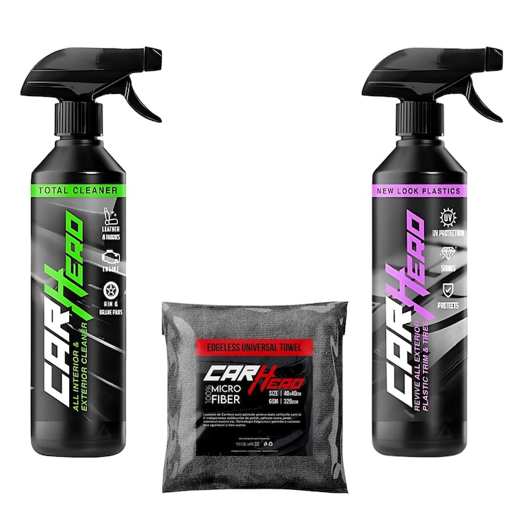 Pachet Interior, Car Hero, Total Cleaner + New Look Plastics + Laveta Microfibra, Solutii profesionale Detailing Auto, 500ml fiecare
