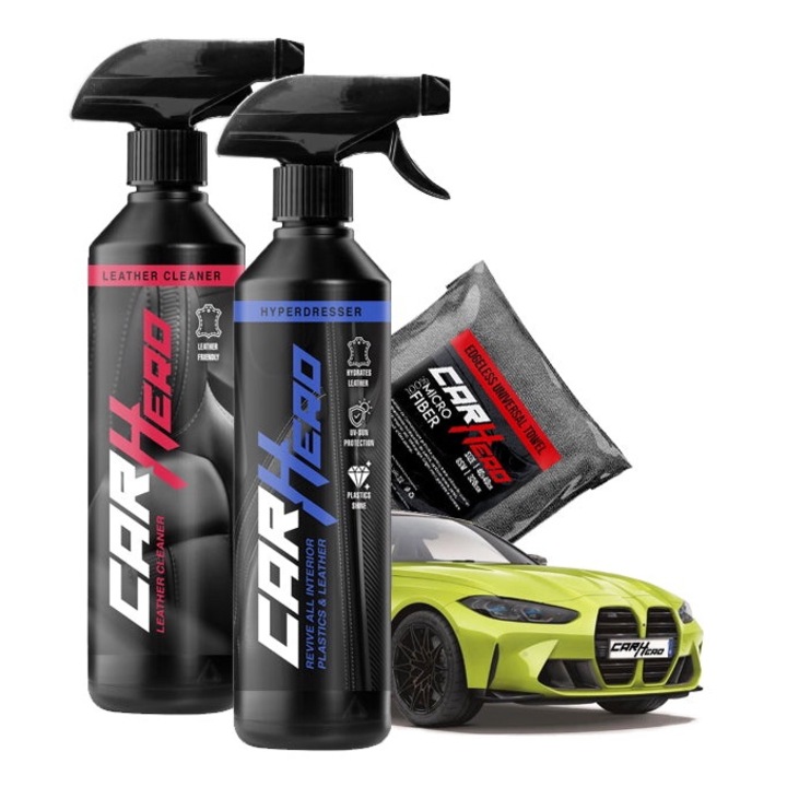 Pachet Leather, Car Hero, Leather Cleaner + Hyper Dresser + Laveta Microfibra, Solutii profesionale Detailing Auto, 500ml fiecare