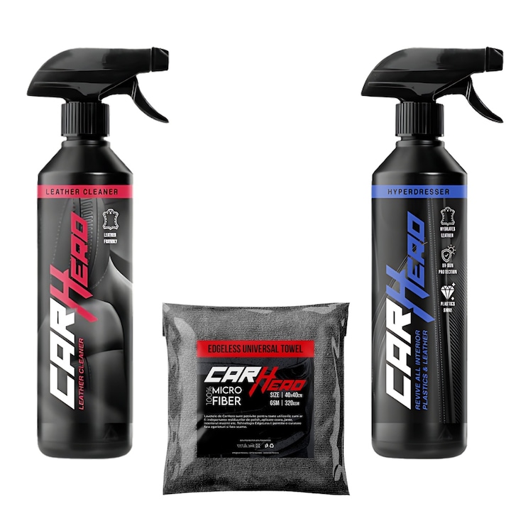 Pachet Leather, Car Hero, Leather Cleaner + Hyper Dresser + Laveta Microfibra, Solutii profesionale Detailing Auto, 500ml fiecare
