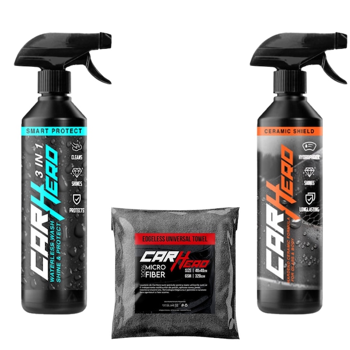 Pachet Exterior, Car Hero, Smart Protect V2.0 + Ceramic Shield V2 + Laveta Microfibra, Solutii profesionale Detailing Auto, 500ml fiecare