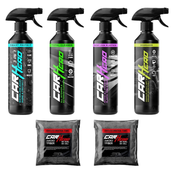 Pachet Maxi, Car Hero, Smart Protect V2.0 + Total Cleaner + New Look Plastics + Degreaser + 2 Lavete Microfibra, Solutii profesionale Detailing Auto, 500ml fiecare